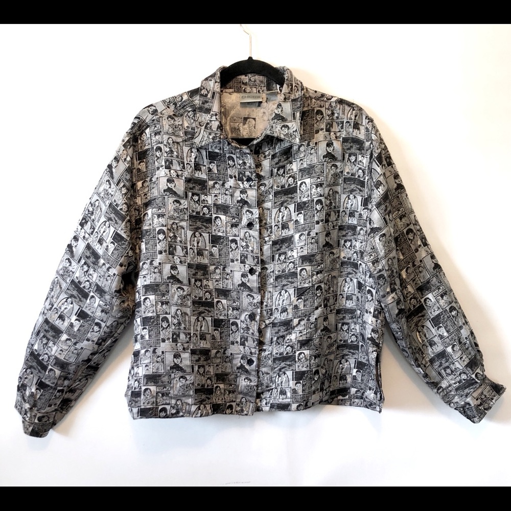Vintage CHICOS silver shimmer top with pretty faces size 2/large